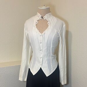Vintage Judy Knapp 80s Keyhold Victorian Style Blouse Appliqué Trim Cream Sheer